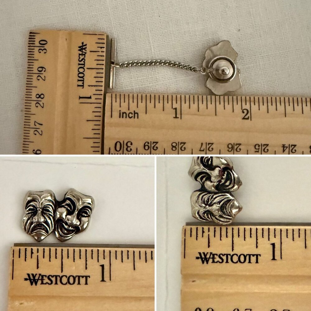 Vintage Theater Masks Tie Tack Pin .75in Silver Tone Drama Chain Toggle Bar - Picture 7 of 10
